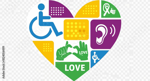 Colorful heart mosaic displaying inclusivity and accessibility for disabled individuals and groups