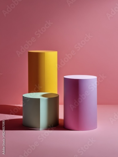 Three cylindrical objects on a pink background. the objects are arranged in a triangular formation, with the largest one in the center and two smaller ones on either side.