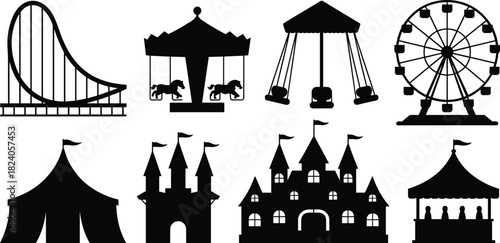 Amusement park and carnival silhouette vector icon set including roller coaster, ferris wheel, carousel, circus tent, fantasy castle, swing ride, and fairground game booth.