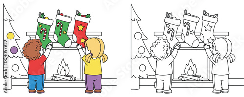 Christmas coloring page of two children hanging stockings on fireplace mantel, vector illustration with colored and outline versions for kids holiday activity