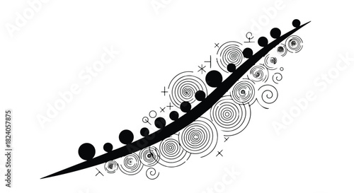 Abstract flowing line with organic shapes and celestial elements, symbolizing growth and cosmic connection.