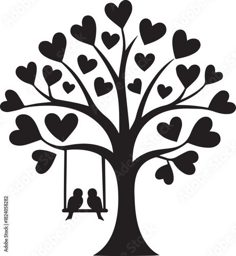 Two birds silhouetted on a branch at sunset, with red hearts scattered around