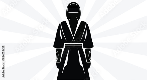 Mysterious figure in dark robes and protective gear stands against a radiating background.