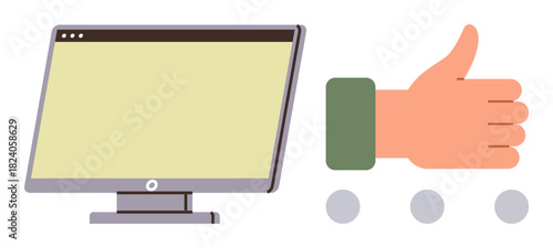 Computer screen alongside a thumbs-up sign signifies positive feedback, approval, or success evaluation. Ideal for customer review, feedback, rating, support, teamwork, technology education simple