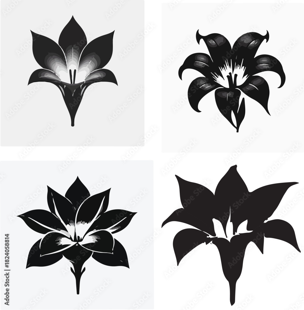 Obraz premium Black and white lily flower illustrations with stylized petal structures and graphic botanical elegance