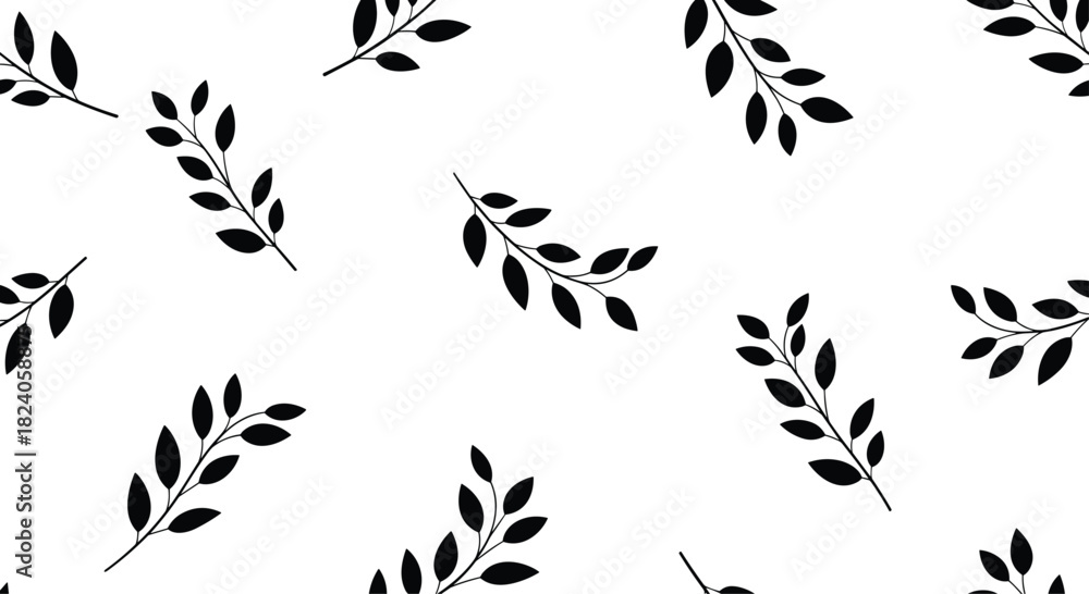 Fototapeta premium Seamless Pattern of Black Leafy Branches on White Background.