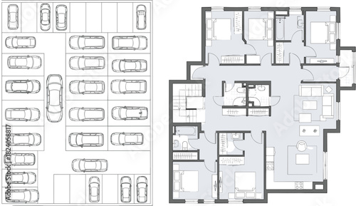 Architectural plan set, parking lot layout with cars, residential apartment floor plan, top view blueprint, engineering design, house project sketch, graphic vector illustration.