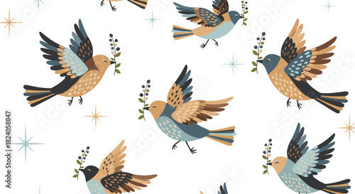 Birds with Olive Branches Pattern on White Background.