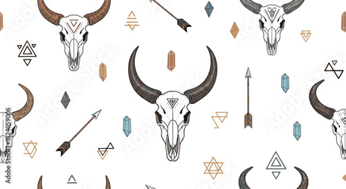 Boho Bull Skull Pattern with Arrows and Geometric Shapes.