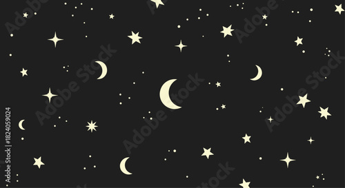 Night Sky with Stars and Crescent Moons Illustration.