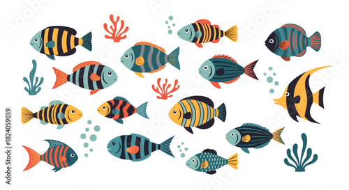 Colorful Fish Collection: Underwater Marine Life Illustration.