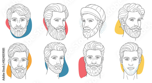 Diverse Mens Facial Hair Styles: A Line Art Collection.