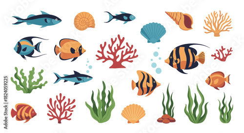 Diverse Collection of Marine Life and Coral Reef Elements.