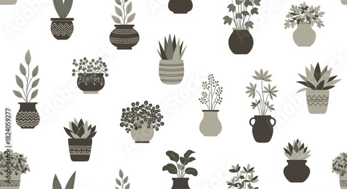 Seamless Pattern of Potted Plants on White Background.