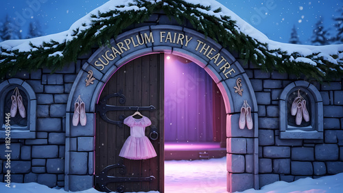 Enchanted entrance to Sugarplum Fairy Theatre with pink dress and snow  