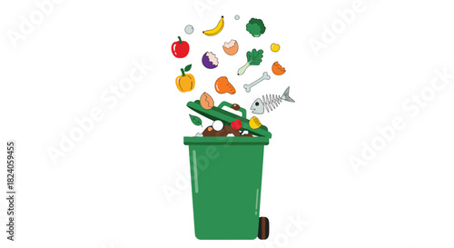 Overflowing Green Bin with Food Waste Illustration.