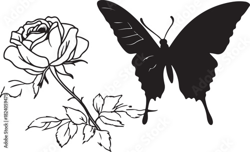 Vintage black and white floral pattern with decorative butterfly, leaf, and rose blossom sketch vector illustration for spring and summer nature design art