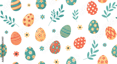 Colorful Easter Eggs and Floral Pattern Background.