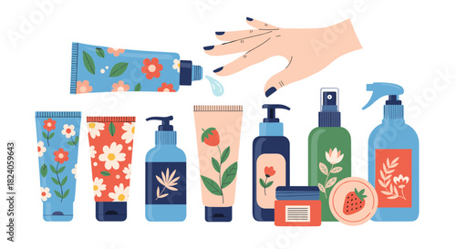 Cosmetic Products Collection with Floral Designs and Hand.