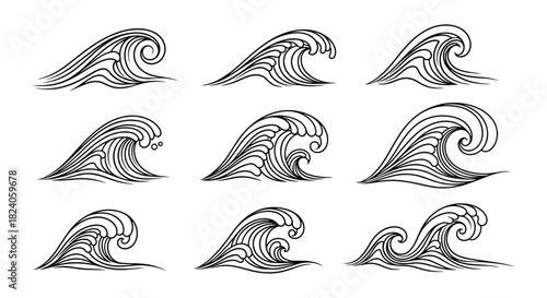 Set of stylized ocean waves in black and white.