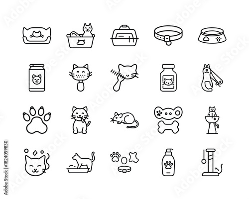 Cat pet care and supply vector line icons set for domestic felines, including beds, carriers, collars, food, toys, grooming tools, and pet essentials. Vector, illustration