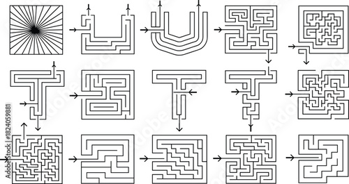 Vector maze puzzle set, black and white labyrinth game, logical brain teaser, path finding solution, geometric square design, line art collection, graphic illustration.