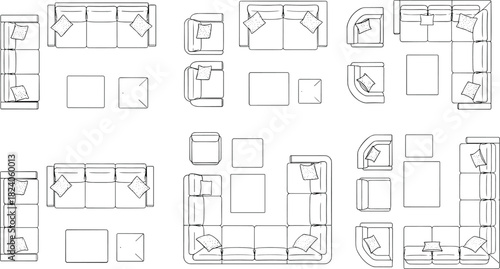Furniture top view set, living room layout plan, sofa arrangement, architectural drawing, interior design sketch, blueprint symbol, flat line art, graphic vector illustration.