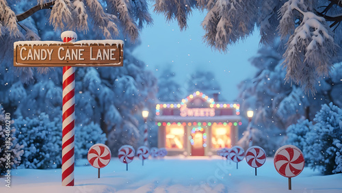 Snowy Candy Cane Lane with holiday shop and candy decorations  