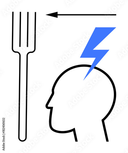 Headache concept. Fork and lightning illustrate pain triggers or sudden thoughts. Headache with impactful symbols to convey discomfort. Ideal for health, stress, pain, triggers, creativity