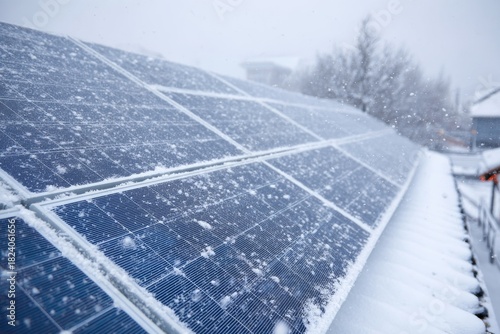 Snow covers solar panels during winter storm in a residential area creating a beautiful contrast in nature