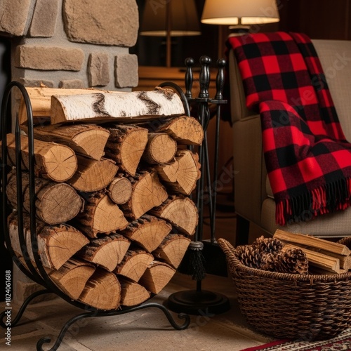 Cozy evening scene with a rustic iron log holder filled with stacked firewood next to a stone fireplace and a warm plaid blanket