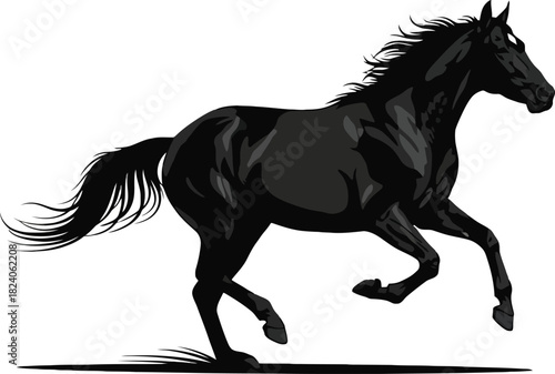 “High-detail black silhouette of a galloping horse, dynamic motion, elegant equine posture, clean vector outline, isolated on white background.