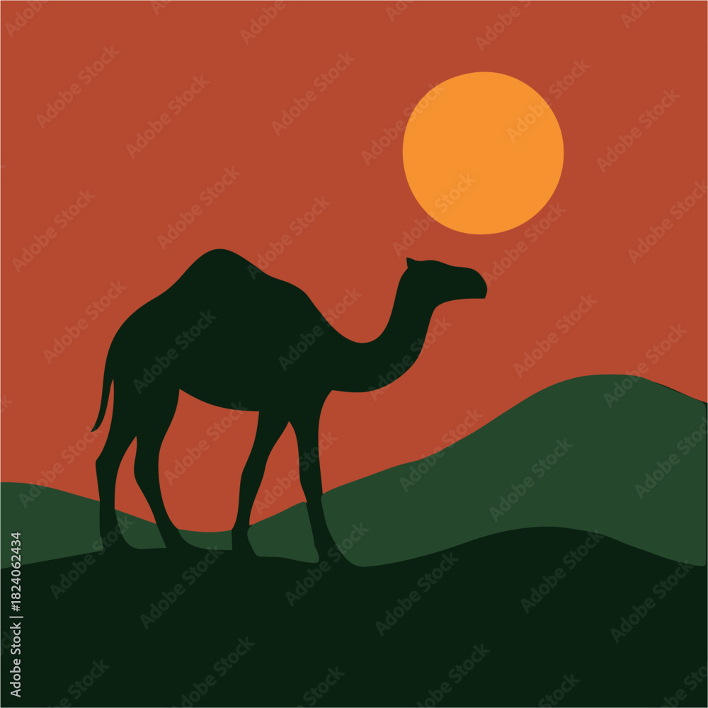 Fototapeta premium Abstract Camel at Sunset – Minimalist Desert Landscape Illustration