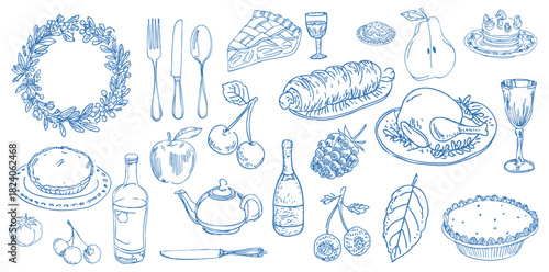 Vintage thanksgiving doodle set with seasonal food, roast turkey, fruit, drinks and festive decorations