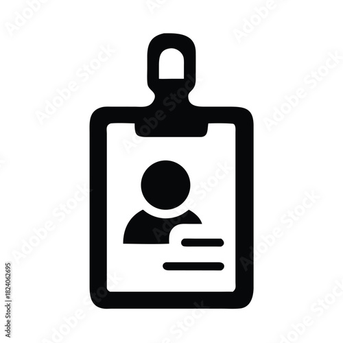A black and white icon of an identification badge with a person silhouette and lines for text.