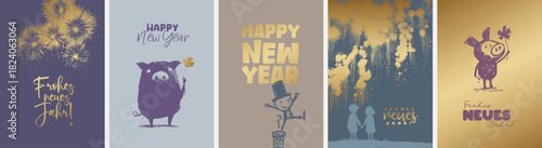 5 moderne und niedliche Silvester Grußkarten (Din Format) "Frohes neues Jahr" und "Happy New Year". Schöne Typo, Font & Symbol komplett als Pfade