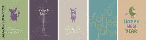 5 moderne und niedliche Silvester Grußkarten (Din Format) "Frohes neues Jahr" und "Happy New Year". Schöne Typo, Font & Symbol komplett als Pfade