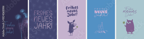 5 moderne und niedliche Silvester Grußkarten (Din Format) "Frohes neues Jahr" und "Happy New Year". Schöne Typo, Font & Symbol komplett als Pfade