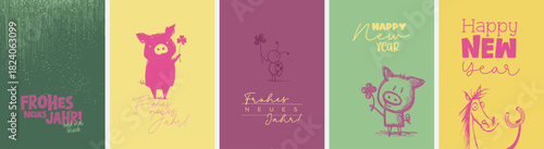 5 moderne und niedliche Silvester Grußkarten (Din Format) "Frohes neues Jahr" und "Happy New Year". Schöne Typo, Font & Symbol komplett als Pfade