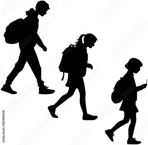 Three Students Walking with Backpacks Silhouette – Vector Illustration