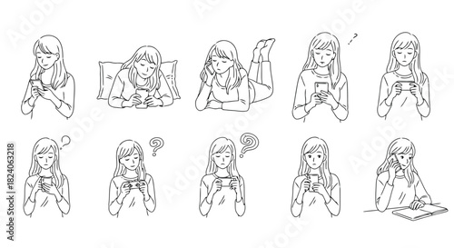 Young woman using smartphone in various poses