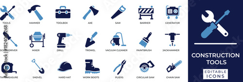 Construction tools icon set featuring hammer, wrench, drill, saw, toolbox, repair, building, and hardware symbols for construction and industry design.