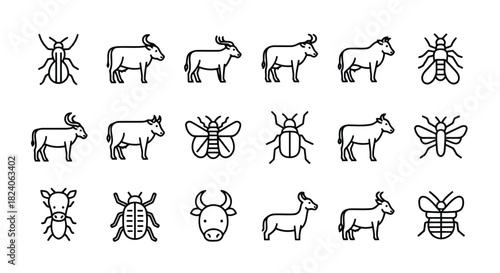 Farm animals and insects outline icons