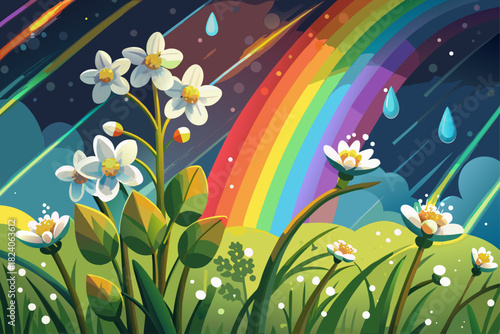 vector of Tiny spring flowers are seen in close-up in the corner of the image, with a full rainbow fading in the background and a gentle rain falling around them.