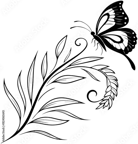 Butterfly with Decorative Plant Silhouette – Vector Illustration