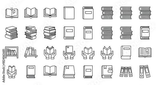 Collection of book and library related line icons