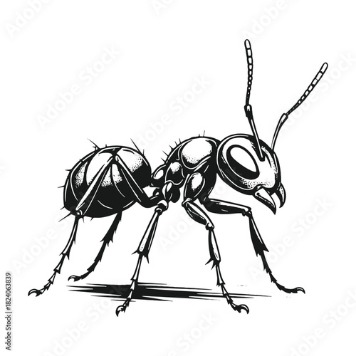 Highly detailed black and white vector illustration of an ant, created in a realistic engraved style suitable for educational graphics, scientific materials, logos, nature themes.