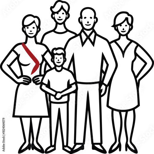 Stylized Line Drawing of a Family on White Background Keywords: family, people, parents, child