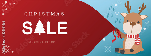 Cute reindeer and santa claus bag concepts Merry Christmas and Happy new year sale. Cartoon character for online advertisement background, e-business banner vector flat illustration with copy space.