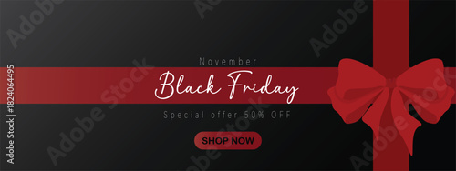 Black and red background with a red ribbon bow concepts Black Friday. Banner for online website, e-business advertisement campaign vector illustration.